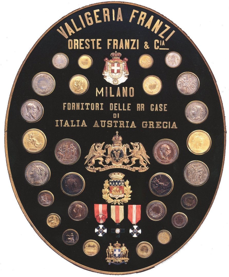 Insegna storica Valigeria Franzi con medaglie e riconoscimenti reali