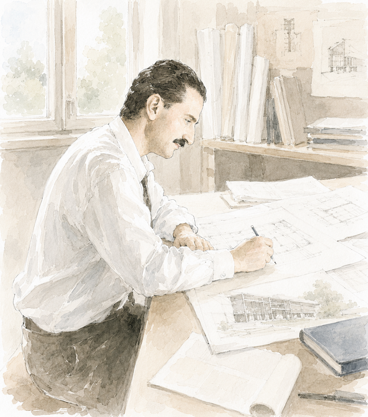 Carlo De Carli al tavolo da disegno